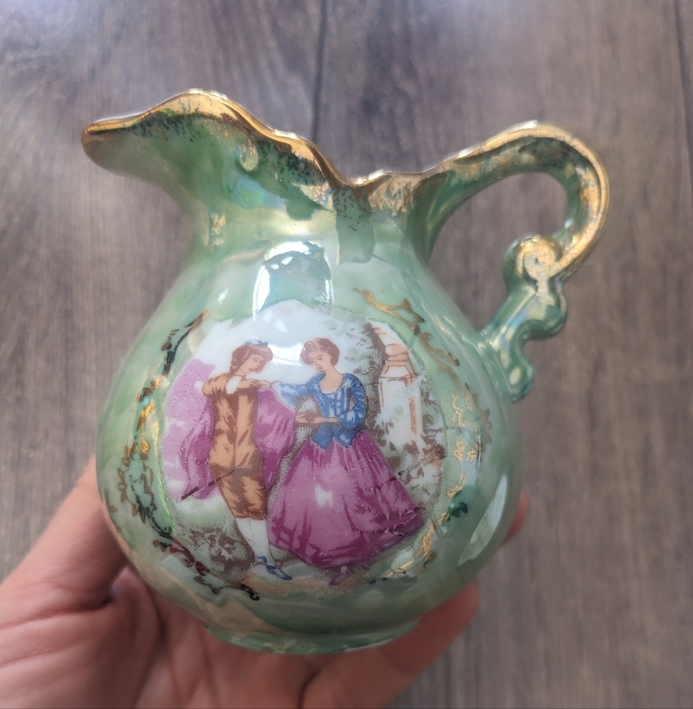 Vintage Green Porcelain Decorative Pitcher with Romantic Scene - Picture 4 of 9